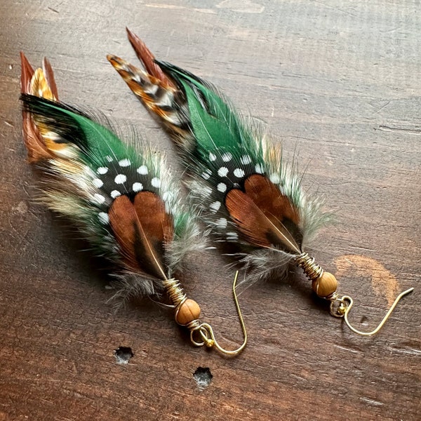 Real Feather Earrings - Brown and Forest Green Feather Earrings - Rooster Pheasant and Guinea Hen Feather Earrings
