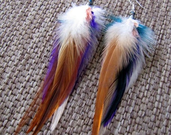 Real Feather Earrings - Long Brown Purple Teal and White Feather Earrings - Colorful Feather Earrings - Beaded Rooster Feather Earrings