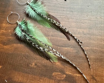 Green and Brown Feather Earrings - Long Colorful Feather Earrings on 25mm Hoops - Feather Hoop Earrings (Ready to Ship)