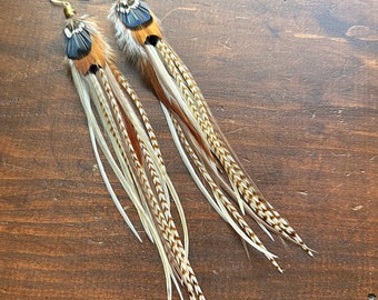 Long Feather Earrings - Real Rooster & Pheasant Feather Earrings - Brown Cream White Blue - Boho Western Hippie Earrings (Ready to Ship)