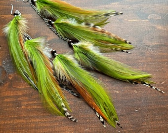 Long Feather Earrings - Olive Green Feather Earrings - Colorful Feather Earrings - Autumn Colors - Fall Colors