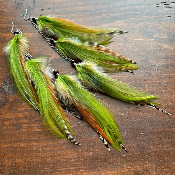 Long Feather Earrings - Olive Green Feather Earrings - Colorful Feather Earrings - Autumn Colors - Fall Colors