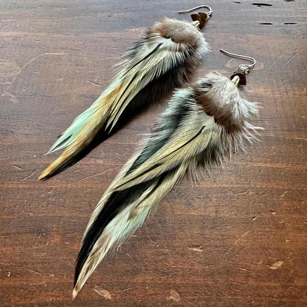 Feather Earrings - Long Natural Rooster Feather Earrings - Beaded Feather Earrings - Boho Hippie Western Feather Jewelry