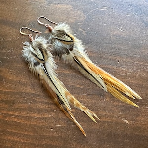 Real Feather Earrings - Brown Black and Cream Rooster and Pheasant Feather Earrings - Long Western Boho Feather Earrings (Ready to Ship)