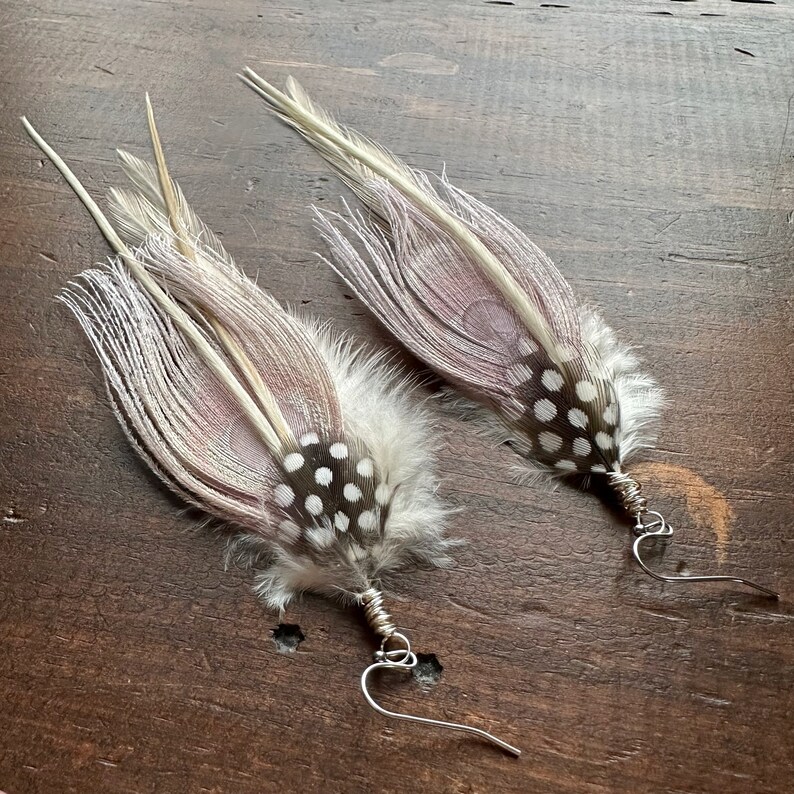 Long Feather Earrings Lilac and Cream White Rooster and Peacock Feather Earrings Rooster Peacock and Guinea Hen Earrings Ready to Ship image 4