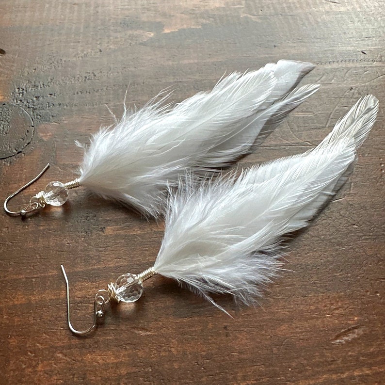 White Feather Earrings Long Rooster Feather Earrings Beaded White Bridal Feather Earrings Bridal Feather Jewelry image 4