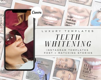 White Teeth Instagram Post Templates: Teeth Whitening, Dentist Branding Kit, Beauty Business Social Media Canva Bundle