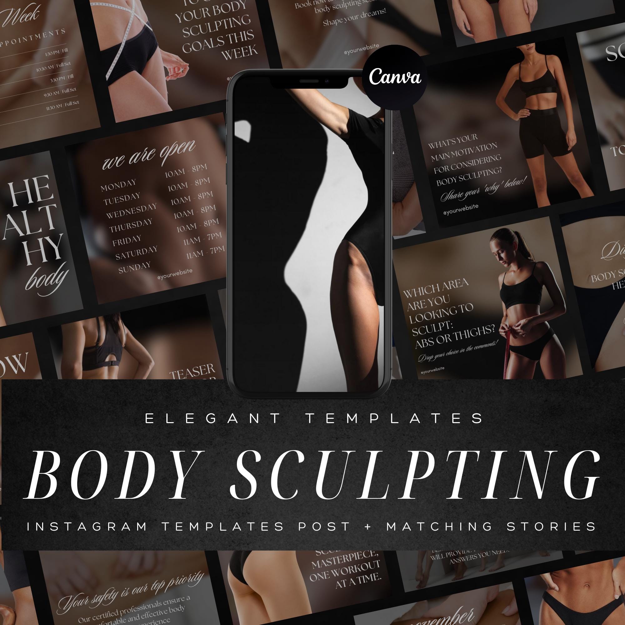 Luxury Body Sculpting Instagram Templates | Spa & Contouring Canva Posts | Social Media Branding Kit for Estheticians