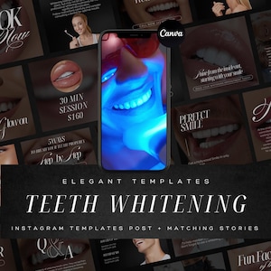 May include: A set of Instagram post and story templates for a teeth whitening business. The templates feature a range of images and text, including a close-up of someone's teeth being whitened, a person smiling with white teeth, and text that says "Perfect Smile" and "Glow On".