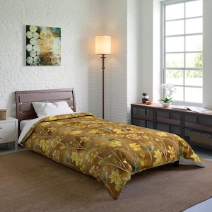 Floral Comforter, Cozy Botanical Quilt for Bedroom, Elegant Bedspread for Spring, Gift for Flower Lovers, Home Decor, Yellow Flower Bedding