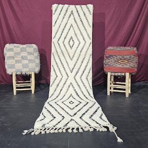 CHECKERED HALLWAY RUG, White Wool Runner, Moroccan Beni Ourain Style Rug, Handmade Berber Shag Rug, Custom Size Artisan Home Decor