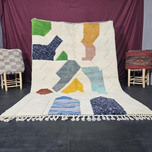 CUSTOM WOOL RUG, Handmade Moroccan Rug, Colorful & White Berber Rug, Beni Ourain Area Rug, Authentic Shag Carpet, Geometric Living Room Rug.