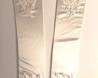 Satin White 14-Inch Gloves with Beaded Jewels