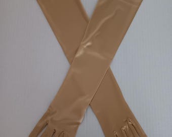 Gold Satin Evening Gloves, 21 Inch Length