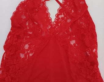 Red Lace Satin Slit Hem Slip Dress