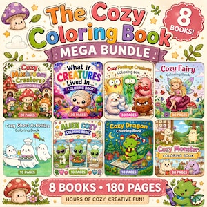 Könnte beinhalten: Ein Mega-Bundle mit acht Malbüchern mit dem Titel "The Cozy Coloring Book". Die Bücher zeigen verschiedene Themen, darunter Pilze, Kreaturen, Feen, Geister, Außerirdische, Drachen und Monster. Das Bundle enthält 180 Seiten voller kreativem Spaß.