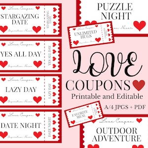 Love Coupons, Editable Valentine’s Day Gift for Him or Her, Anniversary Gift, Printable Love Coupons, Love Vouchers for Husband Boyfriend