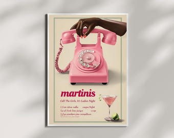 Impresión de mano de teléfono rotatorio rosa retro / Arte de teléfono rotatorio vintage / Teléfono rosa / Arte moderno de mediados de siglo / Arte de teléfono / Arte / Arte de martini