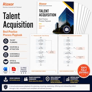 May include: A stack of white and blue business documents titled "Talent Acquisition Best Practice Process Playbook." The cover features a building graphic. The playbook includes sections on talent planning, sourcing, and onboarding. The documents are fully editable.