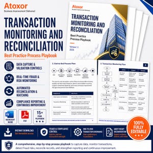 May include: Atoxor's "Transaction Monitoring and Reconciliation" playbook. The cover features the title in bold blue letters, with a graphic of a building. The playbook includes data capture, real-time fraud monitoring, and automated reconciliation.