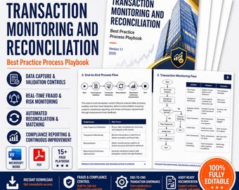 Peut inclure: Playbook "Transaction Monitoring and Reconciliation" d'Atoxor. La couverture présente le titre en bleu gras, avec un graphique d'un bâtiment. Le manuel comprend la saisie de données, la surveillance de la fraude en temps réel et la réconciliation automatisée.
