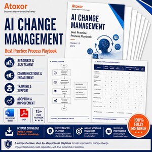 Può includere: Un manuale completo sulla gestione del cambiamento dell'IA. La copertina presenta il titolo in grassetto blu e bianco. Il manuale include sezioni su preparazione, comunicazioni, formazione e adozione. Include anche una panoramica del processo e una tabella dei ruoli.