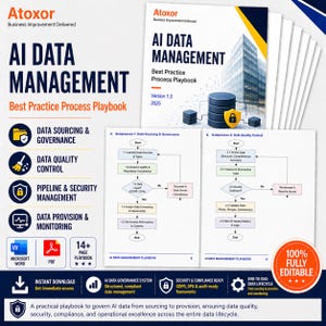 Könnte beinhalten: Werbebild für ein KI-Datenmanagement-Playbook. Das Cover zeigt den Titel in blauer und weißer Schrift. Das Playbook behandelt Datenbeschaffung, Qualitätskontrolle und Sicherheit. Es ist vollständig editierbar und sofort zum Download verfügbar.