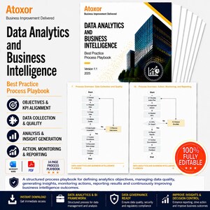May include: A business intelligence playbook titled "Data Analytics and Business Intelligence" with a skyscraper graphic. The cover includes the text "Best Practice Process Playbook" and "Version 1.1 2025". The playbook is 14 pages and fully editable.