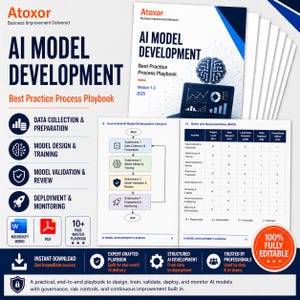 May include: A promotional image for an AI Model Development playbook. The cover features the title in bold, dark blue text, with a graphic of a brain and a laptop displaying data. Additional pages detail the process, roles, and responsibilities.