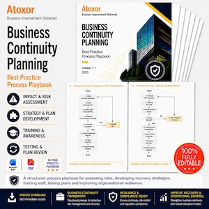 May include: A stack of business continuity planning documents with the title "Business Continuity Planning" and the text "Best Practice Process Playbook." The documents include flowcharts and icons for risk assessment, strategy, and training.