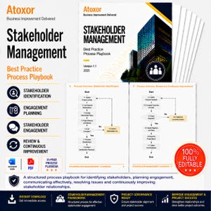 May include: A stack of white documents with the title "Stakeholder Management" and the text "Best Practice Process Playbook." The documents include diagrams and flowcharts. The cover features a building graphic and the Atoxor logo.