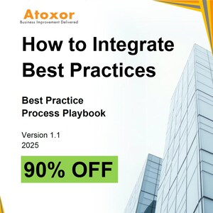Puede incluir: Atoxor Business Improvement Delivered: Cómo integrar las mejores prácticas Process Playbook, Versión 1.1, 2025, 90% de descuento. La imagen presenta un rascacielos con una fachada de vidrio azul y blanco.