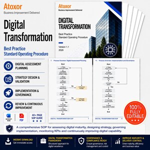 May include: A digital transformation standard operating procedure document titled "Digital Transformation" with the text "Best Practice Standard Operating Procedure". The document features flowcharts, icons, and the text "100% Fully Editable".