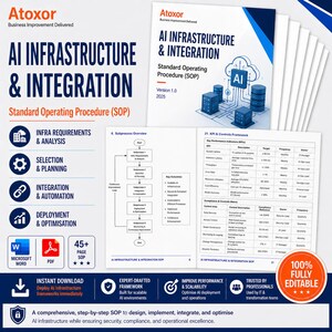 May include: An image promoting an AI Infrastructure & Integration Standard Operating Procedure (SOP). The document is white with blue detailing and includes diagrams, charts, and the text "AI Infrastructure & Integration". The image also features icons and the text "Microsoft Word" and "PDF".