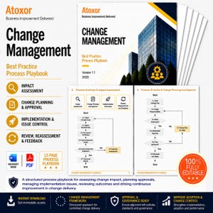 May include: A Change Management playbook with a blue and white cover, featuring the title "Change Management" and a graphic of a building. The playbook includes process diagrams and the text "Best Practice Process Playbook."