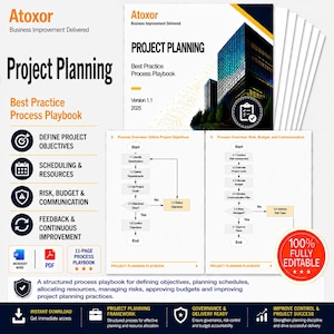 May include: A project planning playbook titled "Project Planning: Best Practice Process Playbook" with a graphic of a building. The playbook includes sections on project objectives, scheduling, risk, and feedback.
