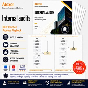 May include: A stack of white business documents with the title "Internal Audits" and "Best Practice Process Playbook." The documents include flowcharts, icons, and the text "100% Fully Editable."