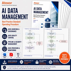Könnte beinhalten: Ein umfassendes SOP-Dokument für KI-Datenmanagement mit blauem und weißem Design. Das Dokument enthält Flussdiagramme, Symbole und den Text "AI DATA MANAGEMENT" und "Best Practice Standard Operating Procedure". Vollständig editierbar und sofort zum Download verfügbar.