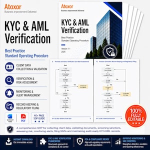 Könnte beinhalten: Dokumente mit dem Titel "KYC & AML Verification" mit einer Gebäudegrafik, die ein Standardverfahren für die Kundendaten- und Risikomanagement beschreiben. Enthält ein Siegel "100% voll editierbar". Die Dokumente sind in einem Stapel.
