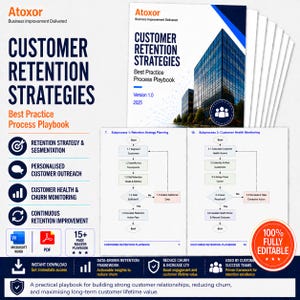 Könnte beinhalten: Ein Stapel weißer Geschäftsdokumente mit dem Titel "Customer Retention Strategies". Das Cover zeigt ein blau-weißes Design mit einem Stadtbild. Das Playbook enthält Flussdiagramme und Symbole zur Kundenbindung.