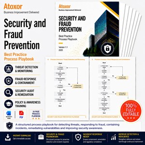 May include: A stack of white documents with the title "Security and Fraud Prevention" and the Ataxor logo. The documents include flowcharts and icons for threat detection, fraud response, and security audit. A red circle states "100% Fully Editable".
