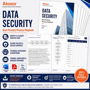 May include: A white and blue data security playbook titled "DATA SECURITY Best Practice Process Playbook" with the Atoxor logo. The playbook includes diagrams, icons, and text, including "Identify & Classify Sensitive Data".