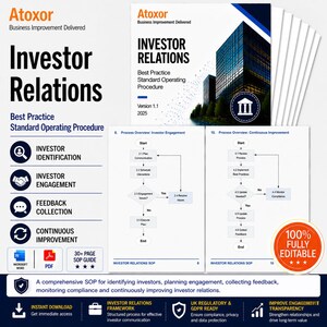May include: A digital document titled "Investor Relations" with a blue and white design. The document includes flowcharts, icons, and the text "Best Practice Standard Operating Procedure." It also features the text "100% Fully Editable."