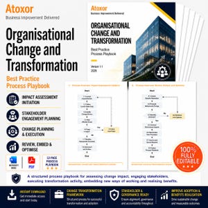 Puede incluir: Imagen promocional de un producto de mejora empresarial. La imagen presenta un manual titulado "Organisational Change and Transformation" con diagramas e iconos. La portada muestra un edificio moderno. El texto incluye "Best Practice Process Playbook".
