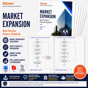 以下が含まれることがあります： 「MARKET EXPANSION」と題された白と青のビジネス文書のセットで、「Best Practice Process Playbook」という副題が付いています。これらの文書には、市場分析と成長戦略に関連する図とアイコンが含まれています。これらの文書は完全に編集可能です。