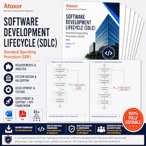 May include: A Software Development Lifecycle (SDLC) Standard Operating Procedure (SOP) document with the Atoxor logo. The cover displays the title and a building graphic. Includes diagrams, icons, and the text "100% Fully Editable".