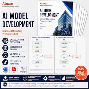 May include: A comprehensive AI Model Development Standard Operating Procedure (SOP) document. The document includes sections on data collection, model design, validation, and deployment. The cover features a blue building graphic and the text "AI Model Development".
