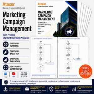 Op de afbeelding: Promotieafbeelding voor een gids voor marketingcampagnemanagement. De cover toont "Marketing Campaign Management" met een afbeelding van een wolkenkrabber. De gids omvat planning, uitvoering en evaluatie, met een zegel "100% volledig bewerkbaar".