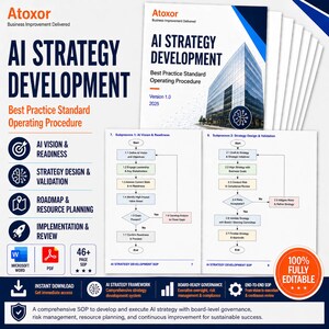 Puede incluir: Un conjunto de documentos titulados "AI Strategy Development" con una portada azul y blanca que muestra un edificio moderno. Los documentos incluyen diagramas de flujo e iconos relacionados con la visión, el diseño y la implementación de la IA. El texto incluye "Best Practice Standard Operating Procedure."