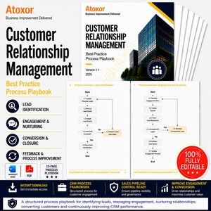 May include: A Customer Relationship Management playbook titled "Customer Relationship Management" with the subtitle "Best Practice Process Playbook". The cover shows a building graphic. The playbook includes lead identification, engagement, conversion, and process improvement.